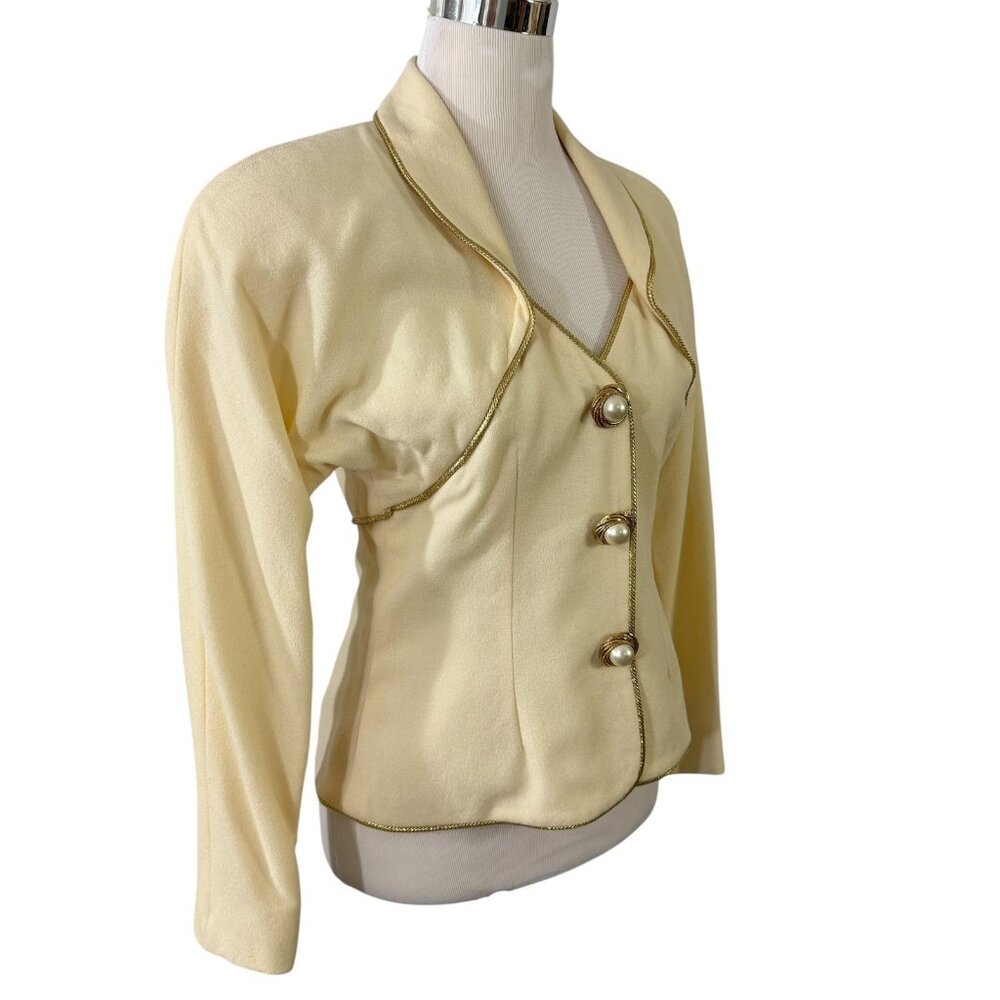 Rescala Formal Jacket Blazer White Wool Crepe Gold Trim Size 10 Vintage 1990s
